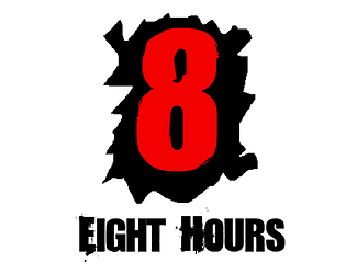 Eight Hours Website Logo. Red colored number eight overlayed black cracked background with Eight Hours text beneath.