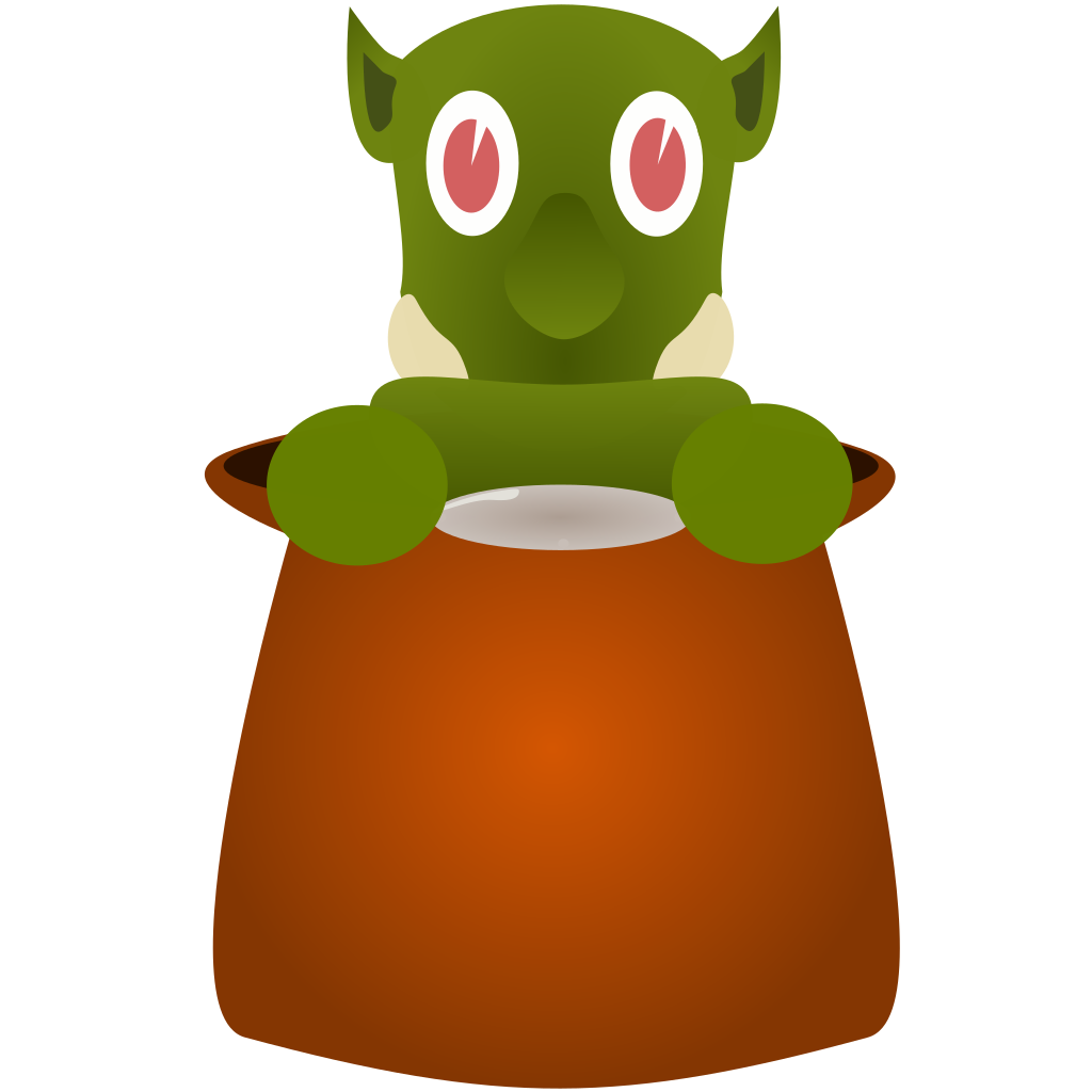 Troll Purse Logo. Green Troll creature in medieval brown purse.